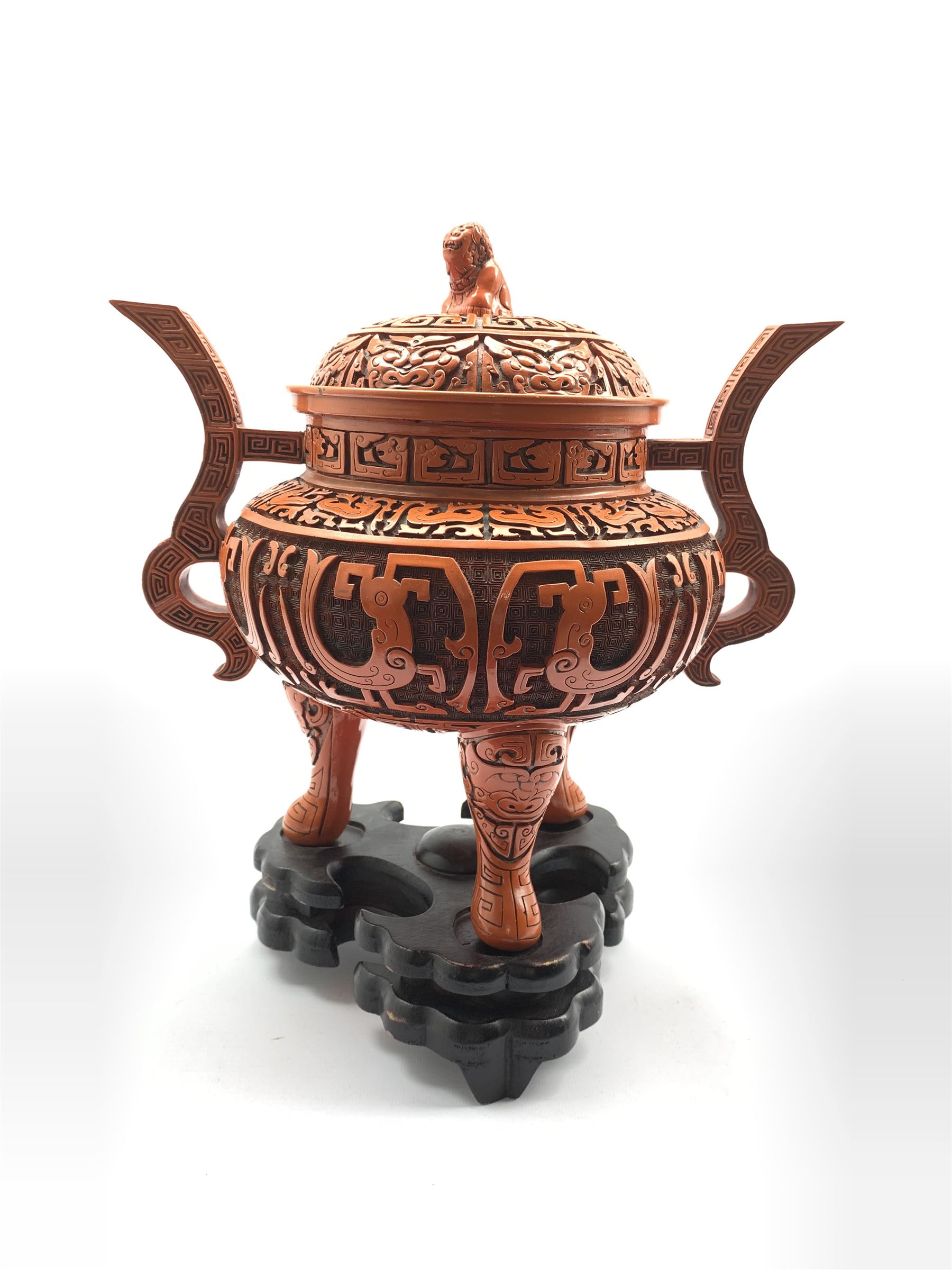 20th century Chinese Cinnabar style twin-handled censer and cover