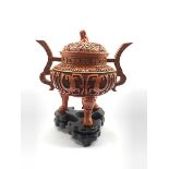 20th century Chinese Cinnabar style twin-handled censer and cover