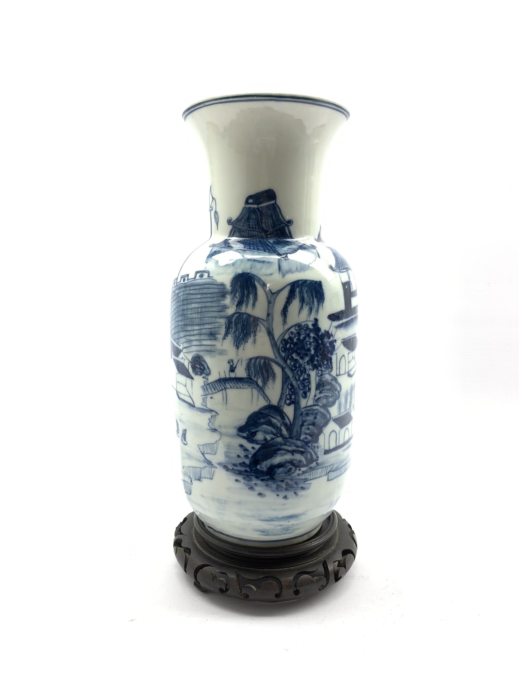 20th century Chinese blue and white vase decorated with a scene of figures in a courtyard setting - Image 2 of 3