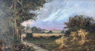 English School (19th/20th Century): Countryside Landscape with Wheatsheaves and Church