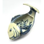 Japanese blue and white dish c1900 modelled as a Carp with floral painted interior