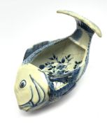 Japanese blue and white dish c1900 modelled as a Carp with floral painted interior