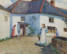 B N Henry (British early 20th century): Collecting Flowers outside a Cornish Cottage