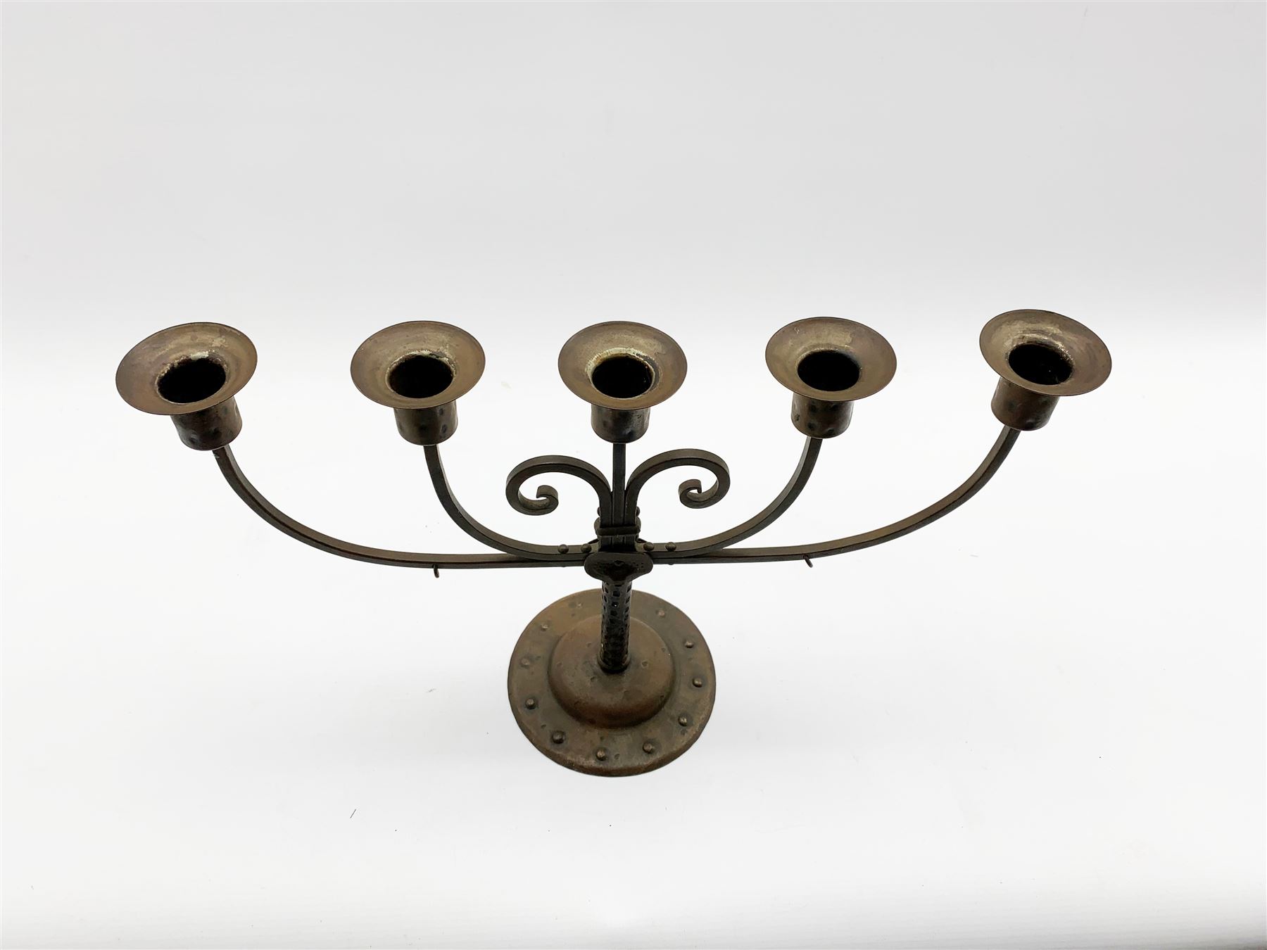 Early 20th century Jugendstil Goberg forged steel five light candelabrum on circular riveted base - Image 2 of 4