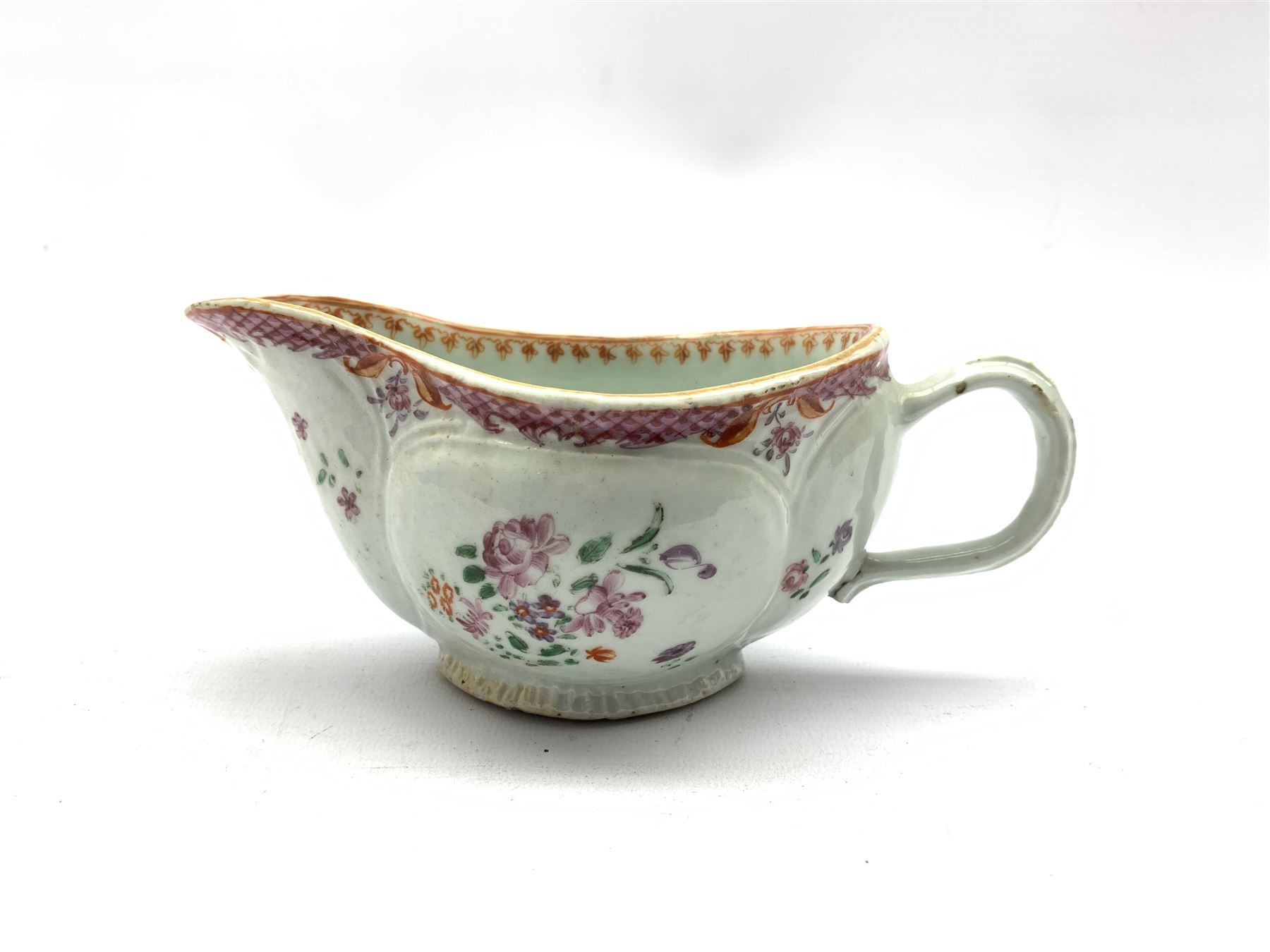 18th century porcelain sauceboat hand-painted with floral sprays beneath a pink scale border - Image 2 of 4