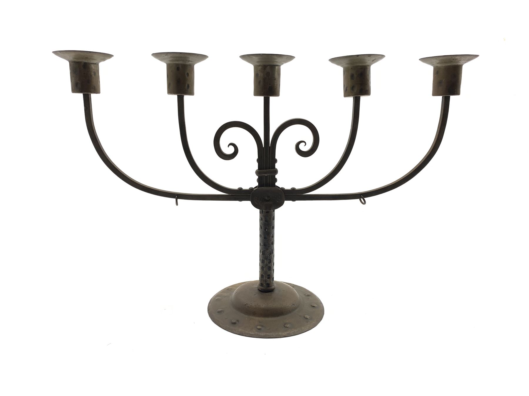 Early 20th century Jugendstil Goberg forged steel five light candelabrum on circular riveted base