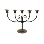 Early 20th century Jugendstil Goberg forged steel five light candelabrum on circular riveted base