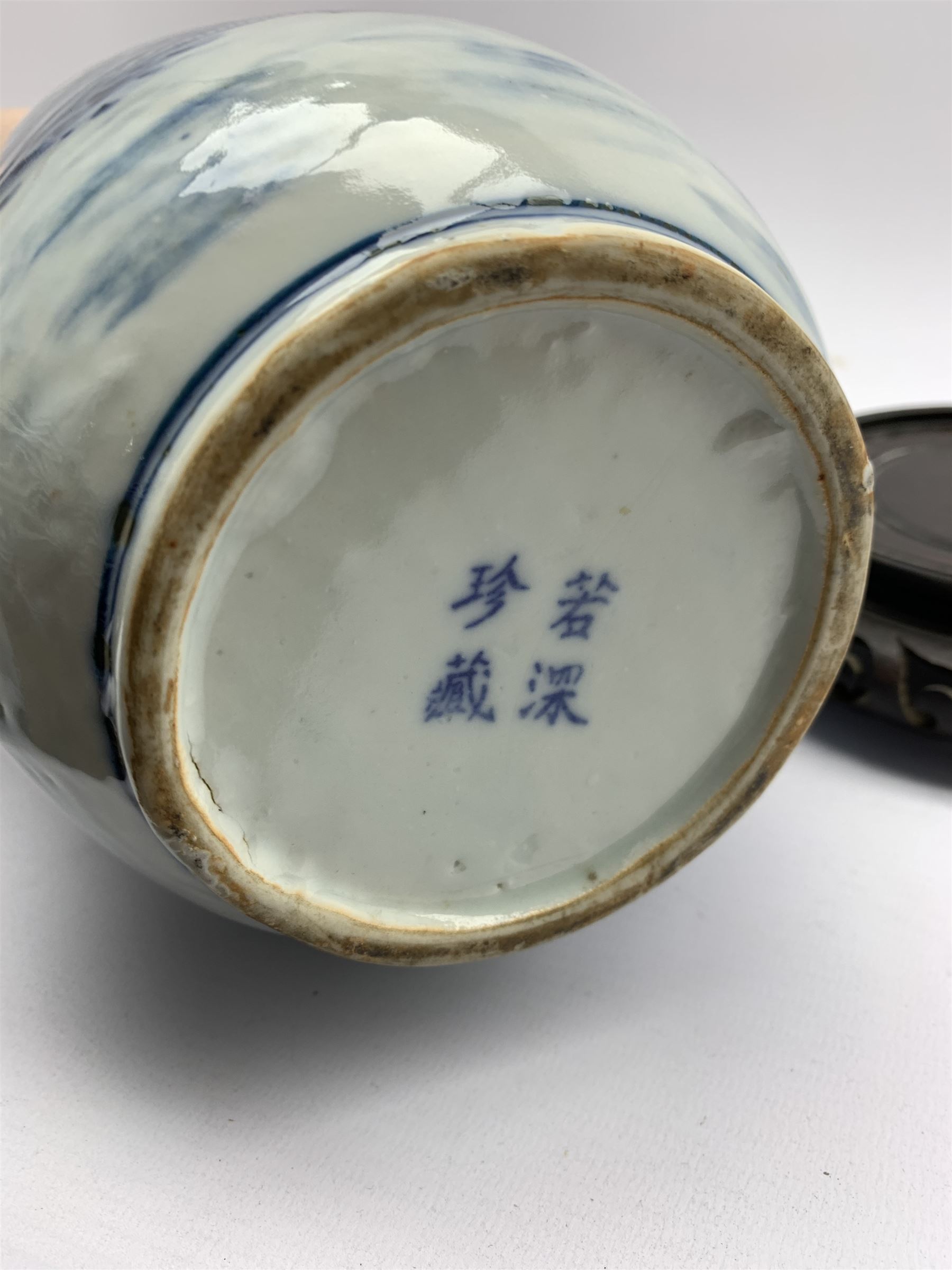 20th century Chinese blue and white vase decorated with a scene of figures in a courtyard setting - Image 3 of 3