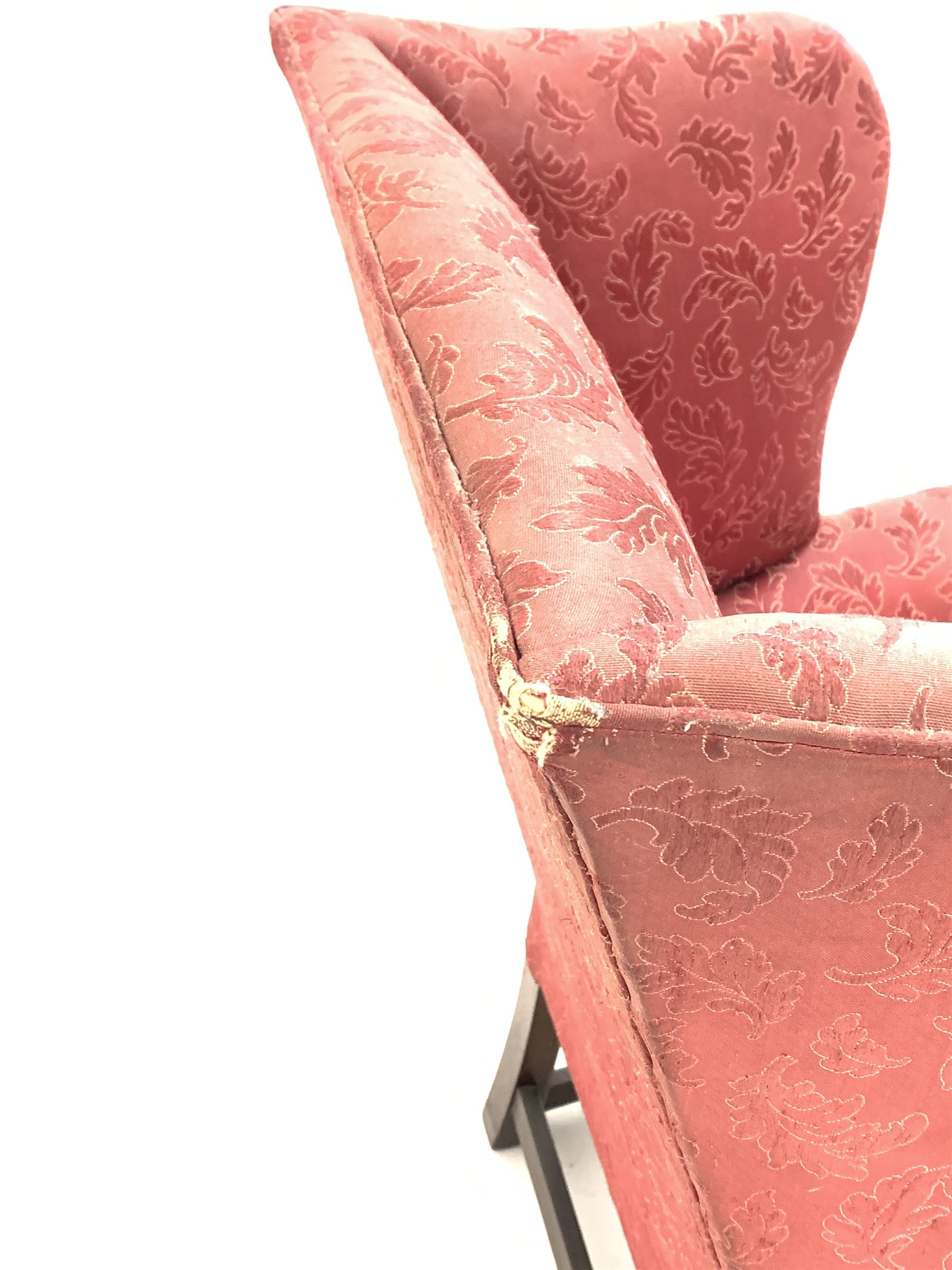 Georgian style high wing back armchair upholstered in claret red floral fabric - Image 5 of 5