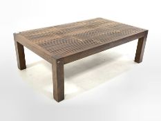 20th century hardwood coffee table with slatted bamboo top 130cm x 80cm