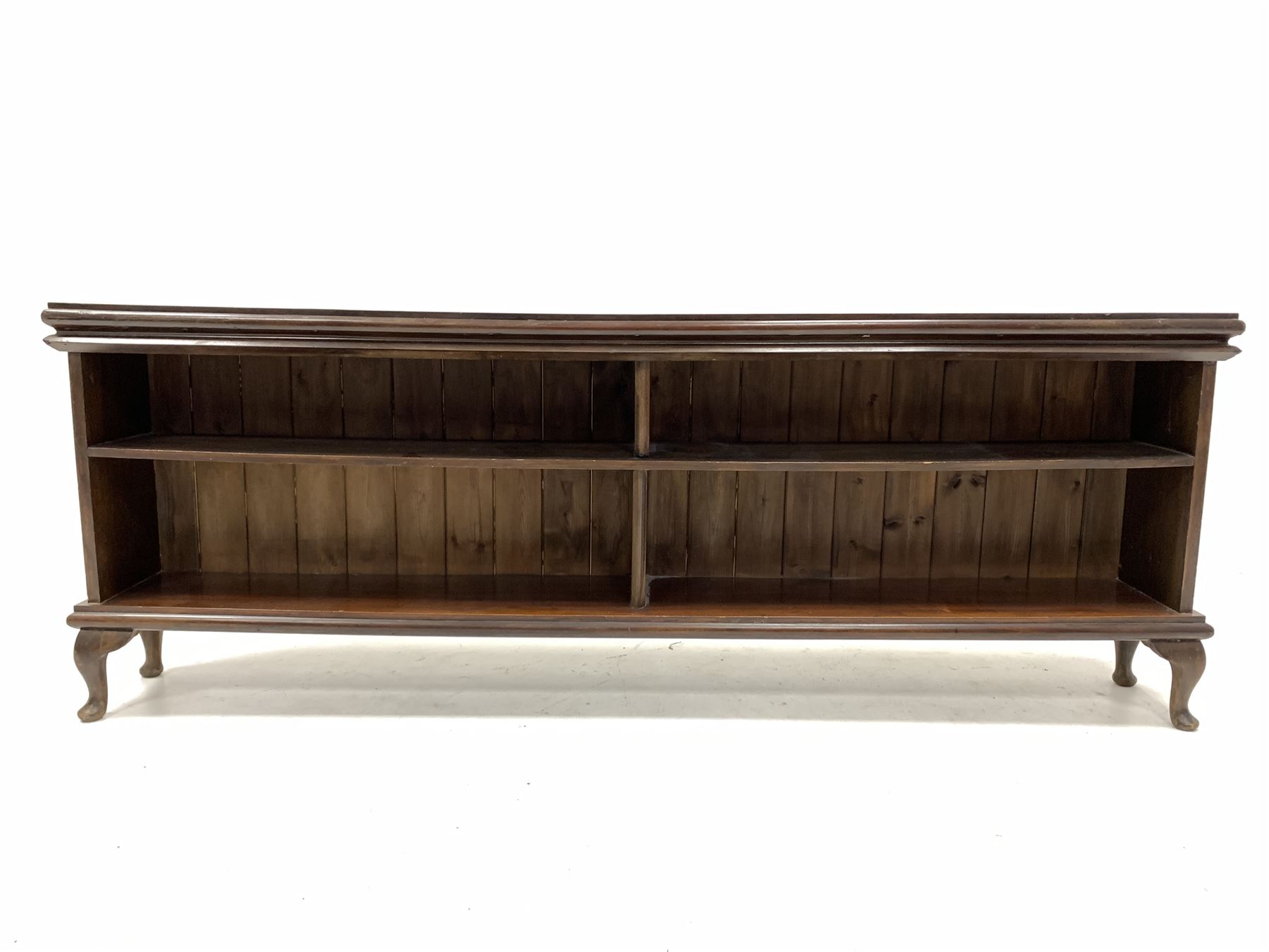 Early 20th century mahogany low bookcase raised on cabriole supports W182cm