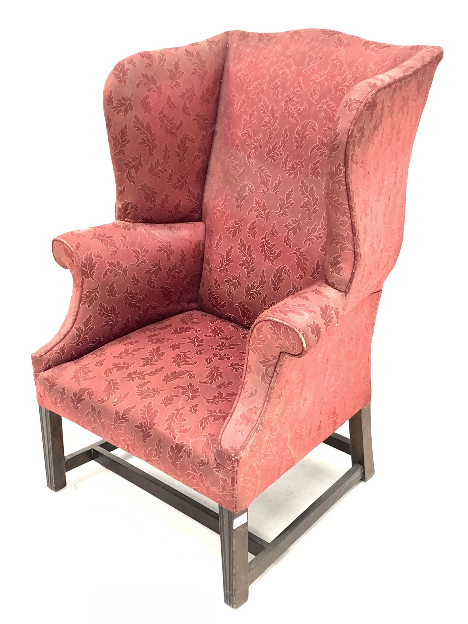 Georgian style high wing back armchair upholstered in claret red floral fabric - Image 2 of 5