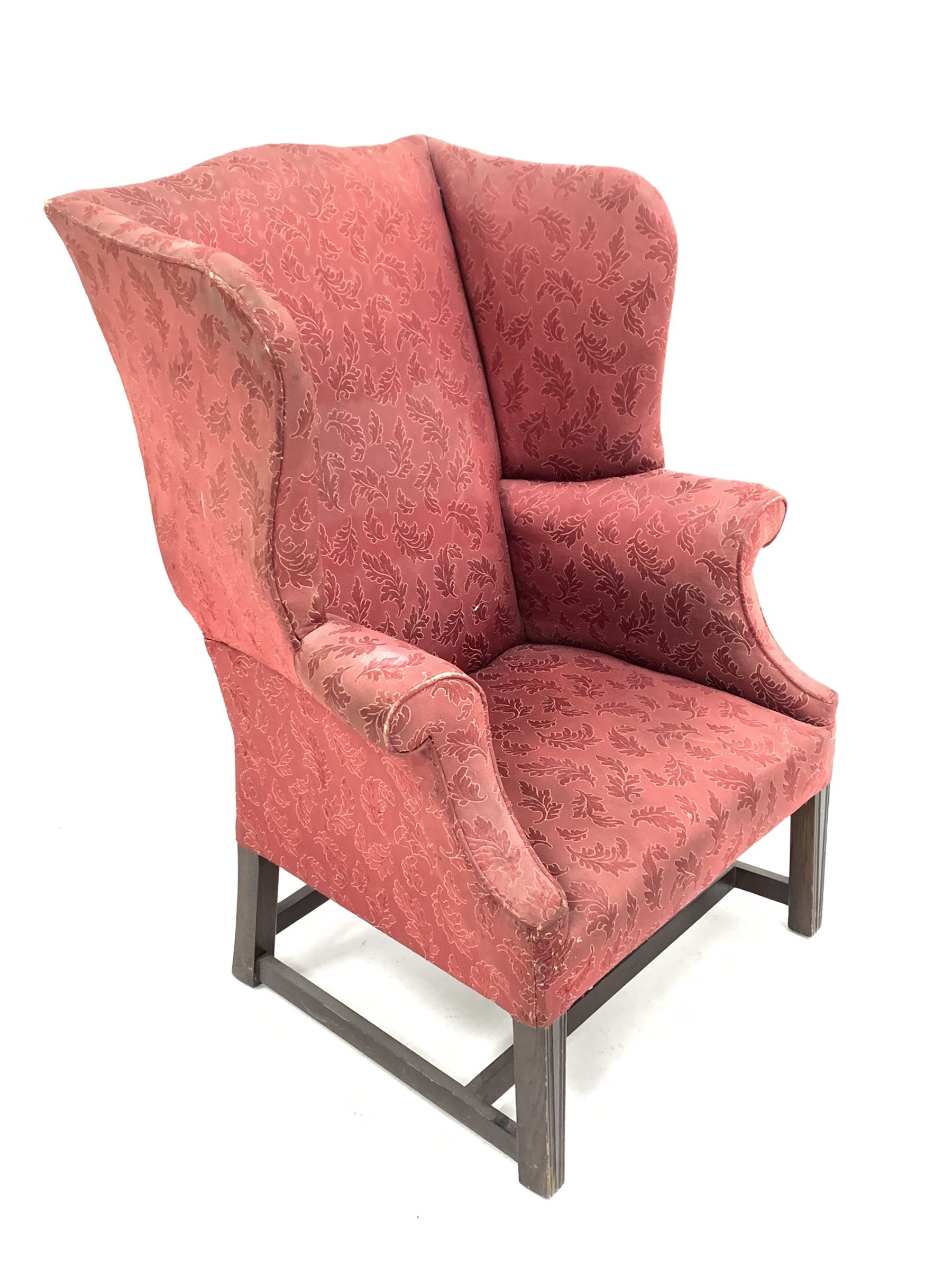 Georgian style high wing back armchair upholstered in claret red floral fabric - Image 4 of 5