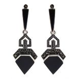 Pair of silver onyx and marcasite pendant stud earrings