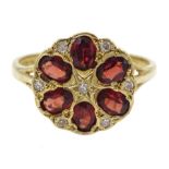 9ct gold garnet and diamond cluster ring