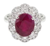 18ct white gold oval ruby and diamond cluster ring