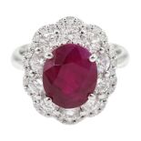 18ct white gold oval ruby and diamond cluster ring