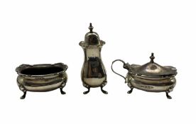 Silver three piece matched condiment set with crimped rims Birmingham 1919 and Sheffield 1911 Maker