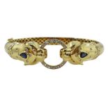 14ct gold sapphire and diamond panther hinged bangle