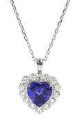 18ct white gold heart shaped tanzanite and round brilliant cut diamond pendant necklace