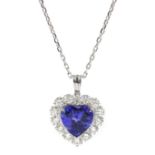 18ct white gold heart shaped tanzanite and round brilliant cut diamond pendant necklace