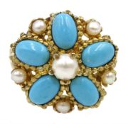 Silver-gilt turquoise and pearl cluster ring