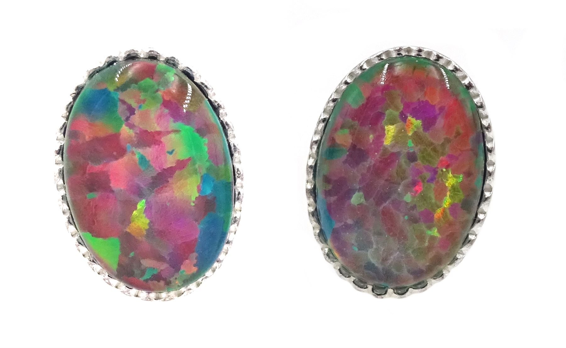 Pair of silver oval opal stud earrings