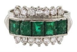 14ct white gold emerald and diamond three row ring