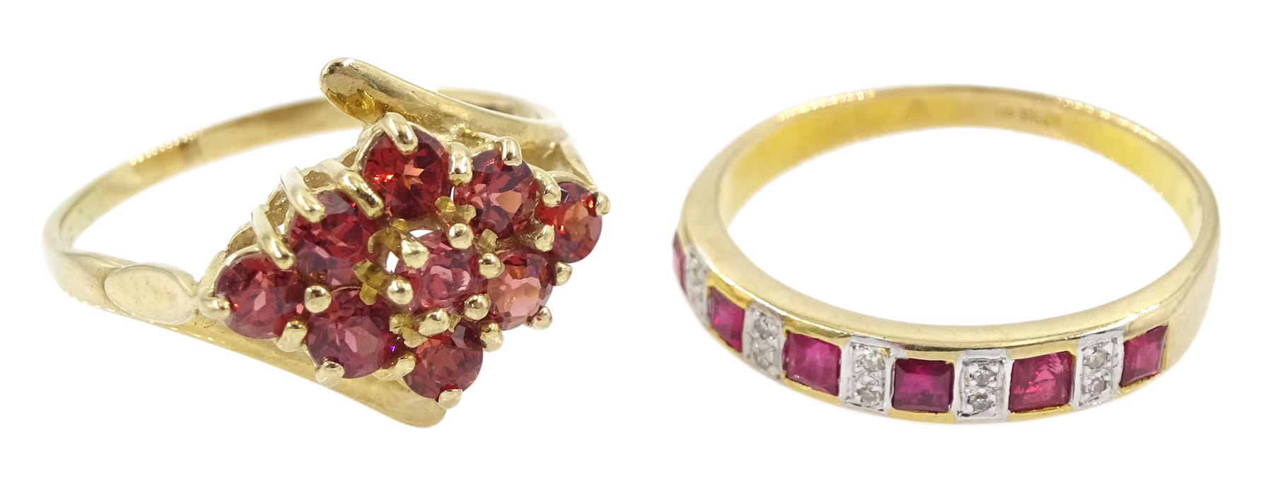 Gold Mozambique garnet ring and a gold ruby and diamond ring