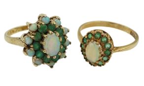 Two 9ct gold emerald and opal cluster rings