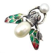 Silver plique-a-jour and pearl insect brooch