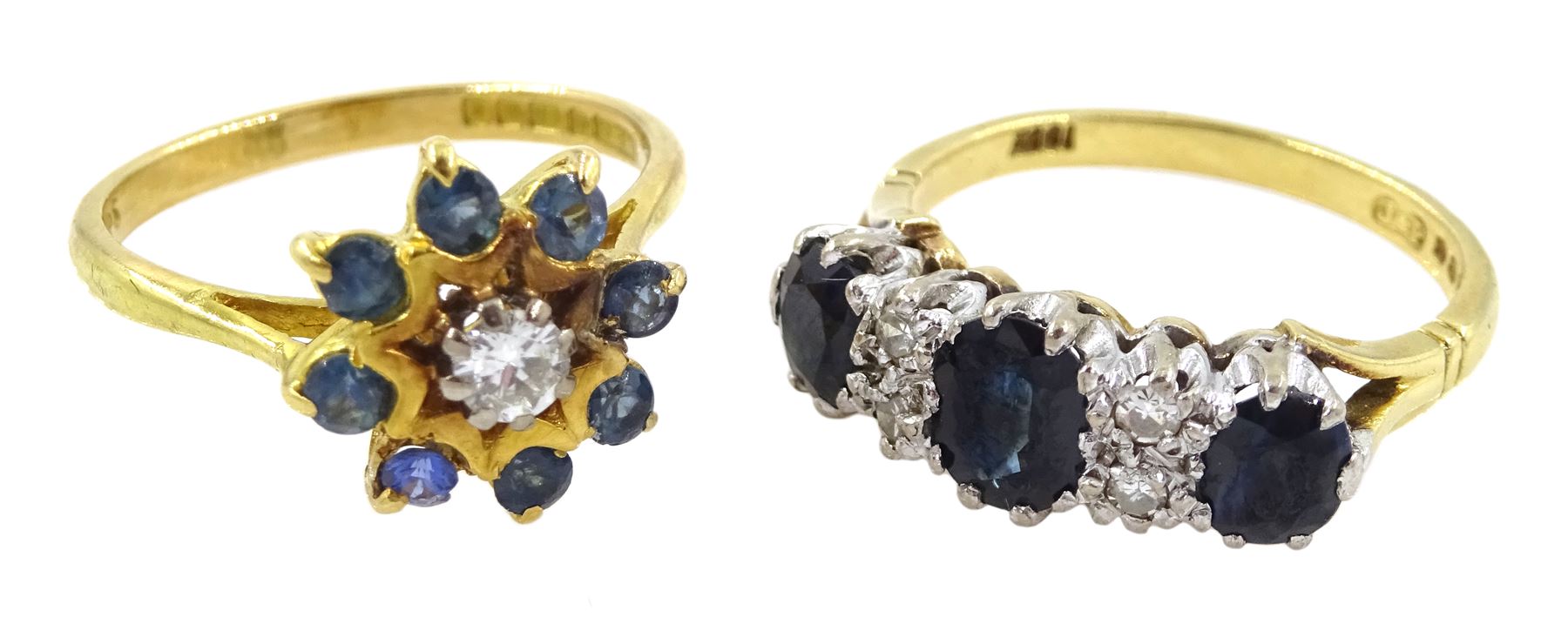 Gold sapphire and diamond ring and one other diamond and stone set cluster ring