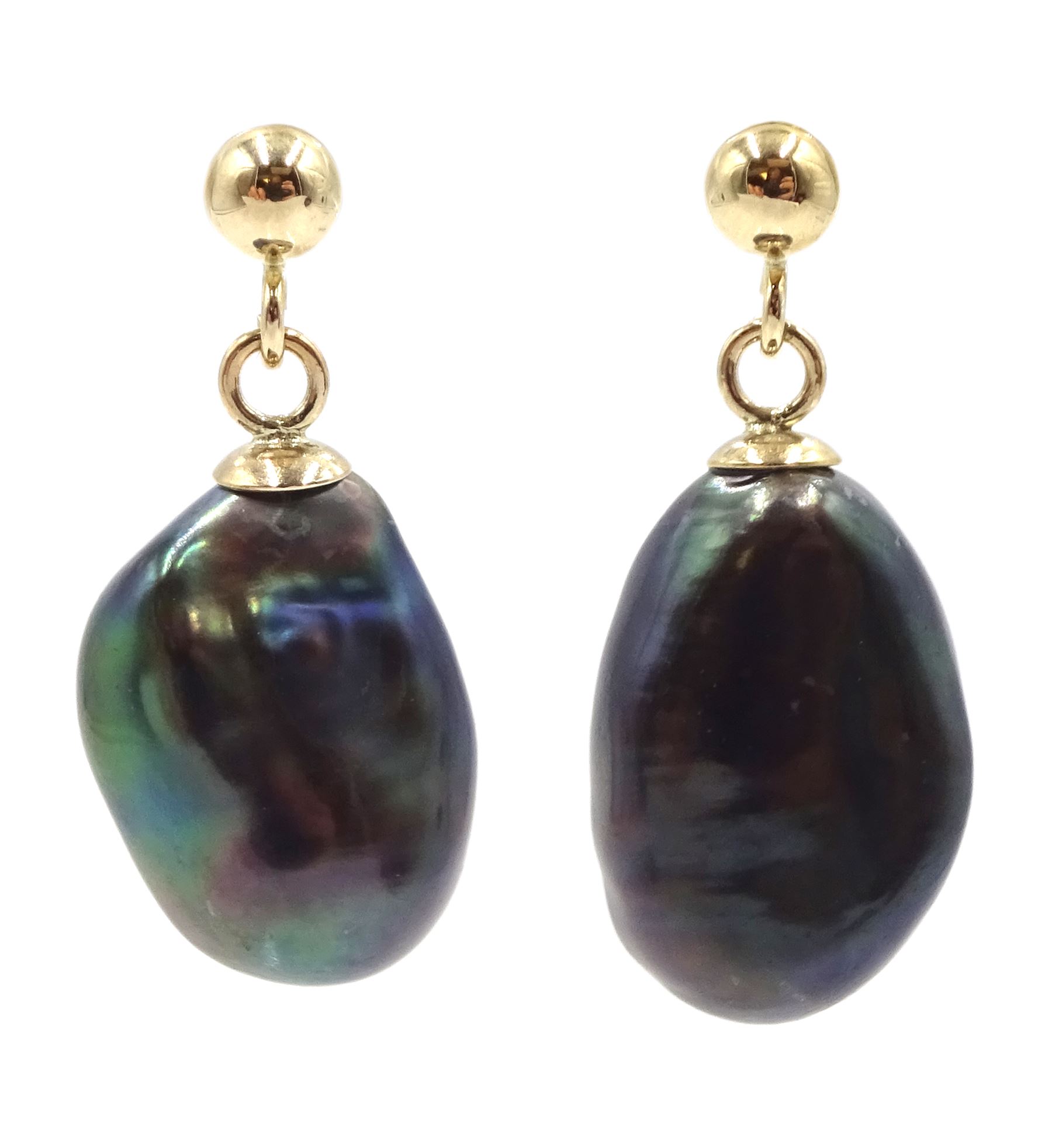 Pair of 9ct gold black pearl pendant stud earrings