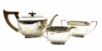 Silver three piece tea set of rectangular Art Deco design