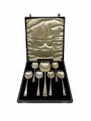 Cased set of six silver dessert spoons and serving spoon with reeded stems Birmingham 1933 Maker A J