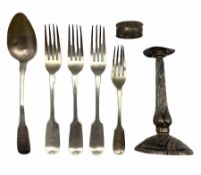 Three Victorian silver fiddle pattern table forks London 1866