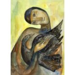 Maria Rud (Russian contemporary): Figure Holding Blackbird