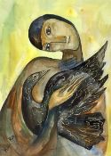 Maria Rud (Russian contemporary): Figure Holding Blackbird