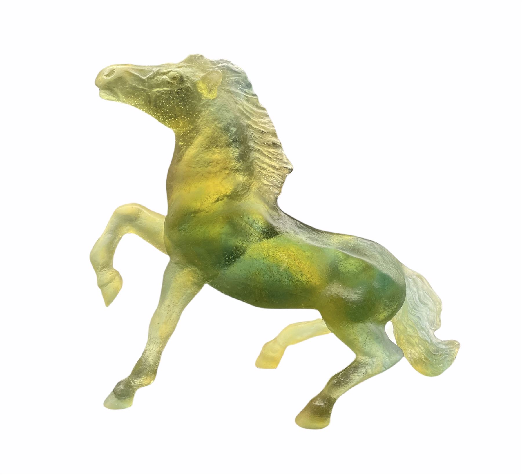 Daum Pate de Verre model of a prancing horse in tonal green and amber