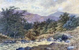 English School (19th/20th century): Hiker Crossing a Stream