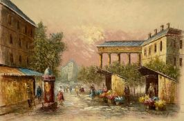 French School (20th century): Parisian Street Scene with Flower Market