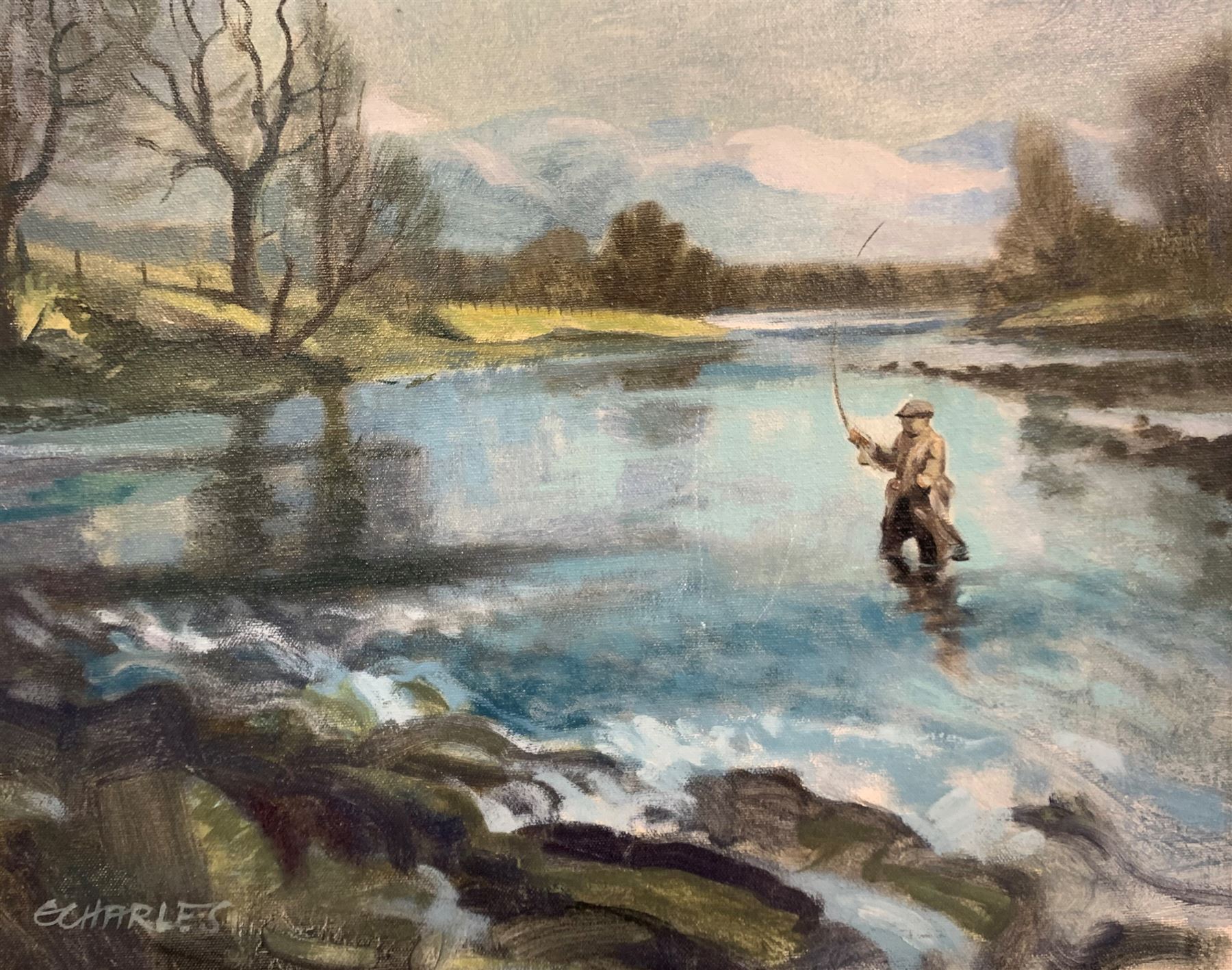 E Charles (British contemporary): Loch Fishing
