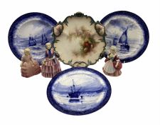 Three Royal Crown Derby blue and white plates decorated with sailing boats Pattern 4613