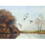 Royce Harmer (British 20th century): Ducks and Geese Flying Over Water