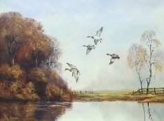 Royce Harmer (British 20th century): Ducks and Geese Flying Over Water