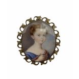 19th century miniature oval head and shoulders portrait of a girl holding a pen in gilt frame 5.5cm