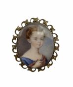 19th century miniature oval head and shoulders portrait of a girl holding a pen in gilt frame 5.5cm