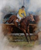 M P Heslop (British contemporary): 'Arkle Taking a Fence' oil on board signed 54cm x 45cm