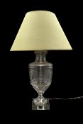 Glass baluster table lamp and shade with etched decoration on a perspex base H38cm excluding fitting