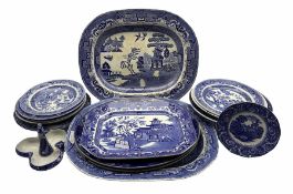 Two Victorian earthenware Willow pattern meat plates and various other blue and white plates